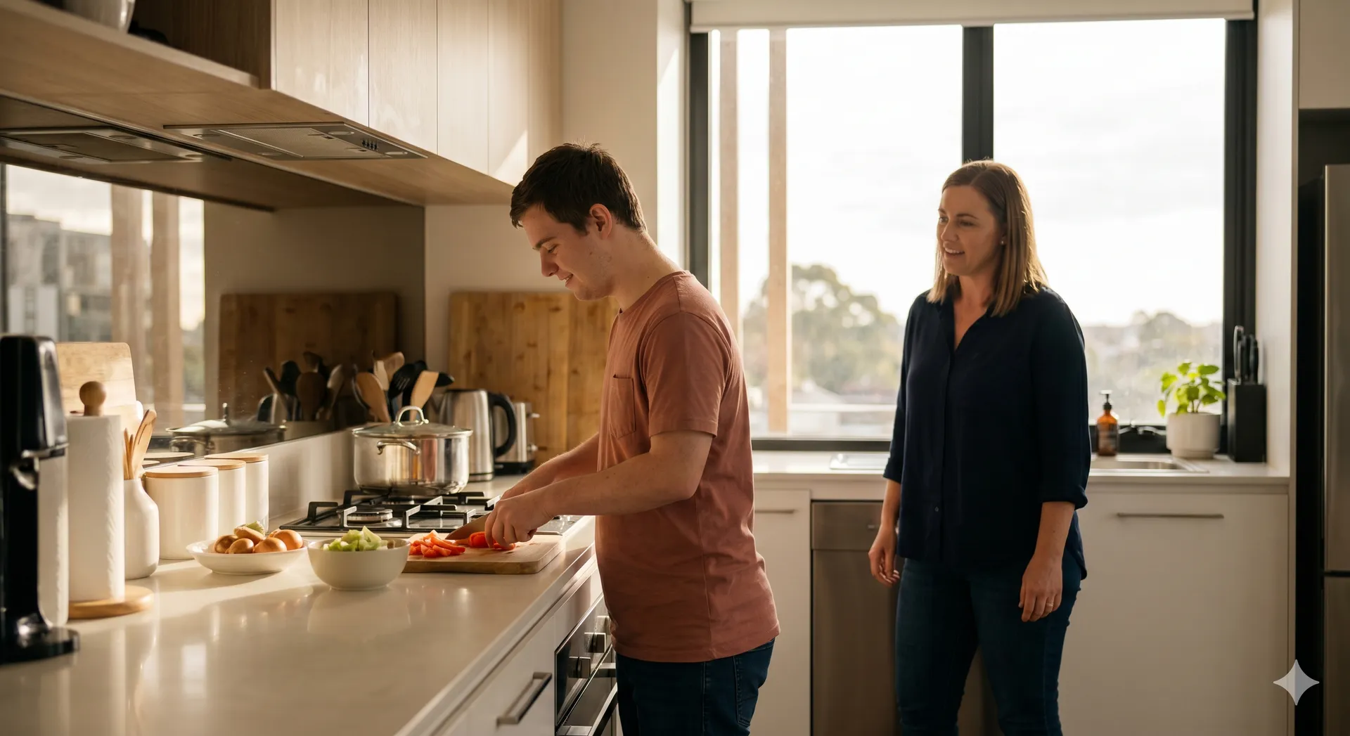 Support worker helping participant with daily living tasks in the kitchen